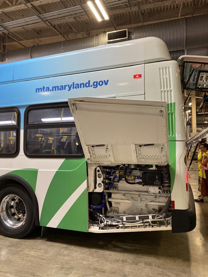 MTA Zero Emissions Bus in garage with engine